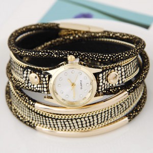 Golden Metallic Pipes Decorated Multiple Layers Leather Women Fashion Wrist Watch - Black