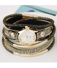 Golden Metallic Pipes Decorated Multiple Layers Leather Women Fashion Wrist Watch - Black