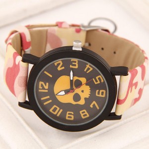 Popular Fashion Skull with Camouflage Wrist Band Watch - Yellow