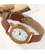 Studs Decorated Vintage Golden Square with Roman Numeral Dial Design Fashion Wrist Watch - Coffee