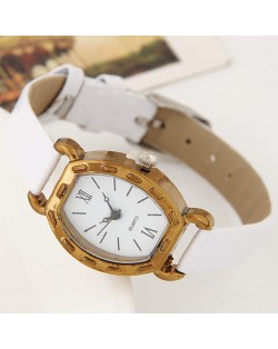 Studs Decorated Vintage Golden Square with Roman Numeral Dial Design Fashion Wrist Watch - White