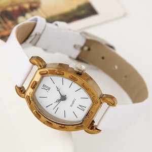 Studs Decorated Vintage Golden Square with Roman Numeral Dial Design Fashion Wrist Watch - White