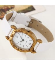 Studs Decorated Vintage Golden Square with Roman Numeral Dial Design Fashion Wrist Watch - White