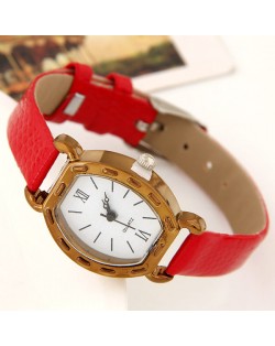 Studs Decorated Vintage Golden Square with Roman Numeral Dial Design Fashion Wrist Watch - Red