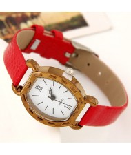 Studs Decorated Vintage Golden Square with Roman Numeral Dial Design Fashion Wrist Watch - Red