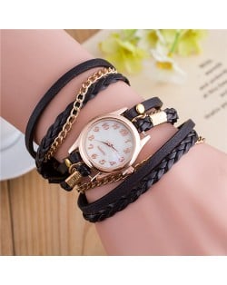 Multi-layer Weaving Leather and Chains Design with Seashell Texture Watch Cover Women Fashion Watch - Black