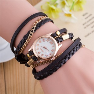 Multi-layer Weaving Leather and Chains Design with Seashell Texture Watch Cover Women Fashion Watch - Black