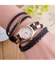 Multi-layer Weaving Leather and Chains Design with Seashell Texture Watch Cover Women Fashion Watch - Black