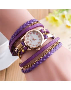 Multi-layer Weaving Leather and Chains Design with Seashell Texture Watch Cover Women Fashion Watch - Purple