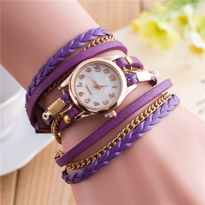 Multi-layer Weaving Leather and Chains Design with Seashell Texture Watch Cover Women Fashion Watch - Purple