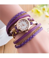 Multi-layer Weaving Leather and Chains Design with Seashell Texture Watch Cover Women Fashion Watch - Purple