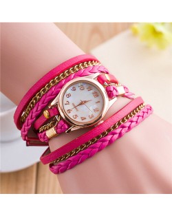 Multi-layer Weaving Leather and Chains Design with Seashell Texture Watch Cover Women Fashion Watch - Rose