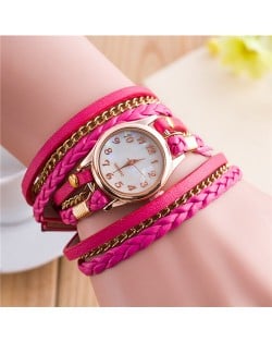 Multi-layer Weaving Leather and Chains Design with Seashell Texture Watch Cover Women Fashion Watch - Rose