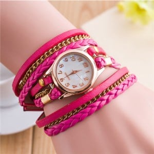 Multi-layer Weaving Leather and Chains Design with Seashell Texture Watch Cover Women Fashion Watch - Rose