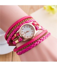 Multi-layer Weaving Leather and Chains Design with Seashell Texture Watch Cover Women Fashion Watch - Rose