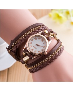 Multi-layer Weaving Leather and Chains Design with Seashell Texture Watch Cover Women Fashion Watch - Coffee