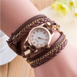 Multi-layer Weaving Leather and Chains Design with Seashell Texture Watch Cover Women Fashion Watch - Coffee