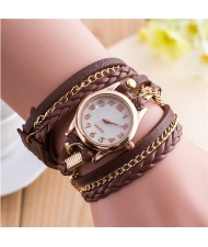 Multi-layer Weaving Leather and Chains Design with Seashell Texture Watch Cover Women Fashion Watch - Coffee