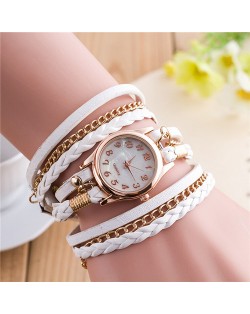 Multi-layer Weaving Leather and Chains Design with Seashell Texture Watch Cover Women Fashion Watch - White