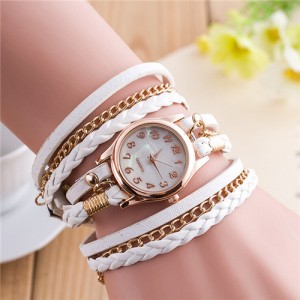 Multi-layer Weaving Leather and Chains Design with Seashell Texture Watch Cover Women Fashion Watch - White