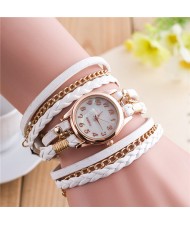 Multi-layer Weaving Leather and Chains Design with Seashell Texture Watch Cover Women Fashion Watch - White