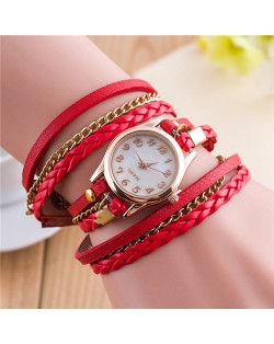 Multi-layer Weaving Leather and Chains Design with Seashell Texture Watch Cover Women Fashion Watch - Red