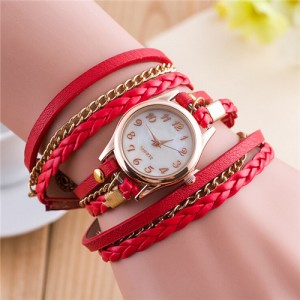 Multi-layer Weaving Leather and Chains Design with Seashell Texture Watch Cover Women Fashion Watch - Red
