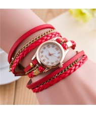 Multi-layer Weaving Leather and Chains Design with Seashell Texture Watch Cover Women Fashion Watch - Red