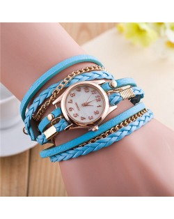 Multi-layer Weaving Leather and Chains Design with Seashell Texture Watch Cover Women Fashion Watch - Blue