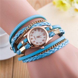 Multi-layer Weaving Leather and Chains Design with Seashell Texture Watch Cover Women Fashion Watch - Blue