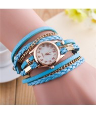 Multi-layer Weaving Leather and Chains Design with Seashell Texture Watch Cover Women Fashion Watch - Blue