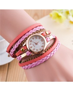 Multi-layer Weaving Leather and Chains Design with Seashell Texture Watch Cover Women Fashion Watch - Pink