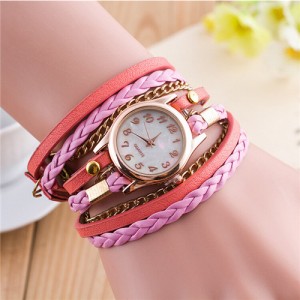 Multi-layer Weaving Leather and Chains Design with Seashell Texture Watch Cover Women Fashion Watch - Pink