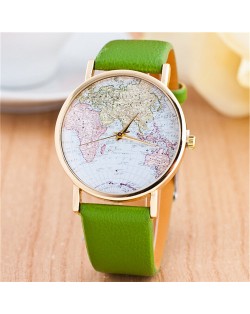 World Map Theme Women Fashion Leather Wrist Watch - Green