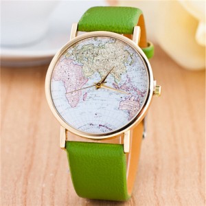 World Map Theme Women Fashion Leather Wrist Watch - Green