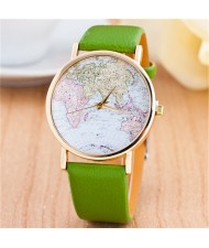 World Map Theme Women Fashion Leather Wrist Watch - Green