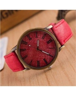 Jean Texture Leather Fashion Wrist Watch - Red