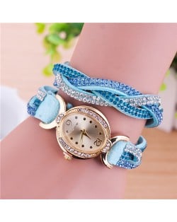 Gorgeous Beads Inlaid Two Layers Weaving Pattern Leather Oval-shaped Women Fashion Watch - Blue
