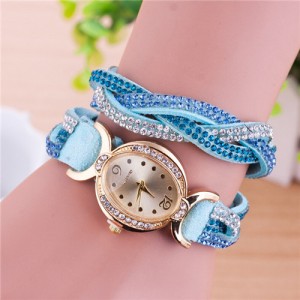 Gorgeous Beads Inlaid Two Layers Weaving Pattern Leather Oval-shaped Women Fashion Watch - Blue