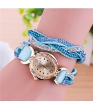 Gorgeous Beads Inlaid Two Layers Weaving Pattern Leather Oval-shaped Women Fashion Watch - Blue