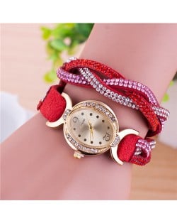 Gorgeous Beads Inlaid Two Layers Weaving Pattern Leather Oval-shaped Women Fashion Watch - Red