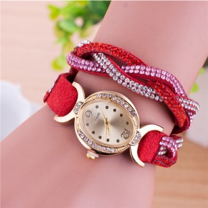 Gorgeous Beads Inlaid Two Layers Weaving Pattern Leather Oval-shaped Women Fashion Watch - Red