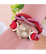 Gorgeous Beads Inlaid Two Layers Weaving Pattern Leather Oval-shaped Women Fashion Watch - Red