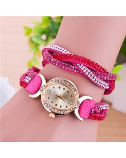 Gorgeous Beads Inlaid Two Layers Weaving Pattern Leather Oval-shaped Women Fashion Watch - Rose