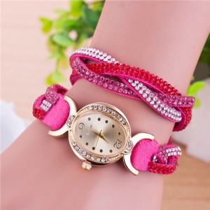 Gorgeous Beads Inlaid Two Layers Weaving Pattern Leather Oval-shaped Women Fashion Watch - Rose