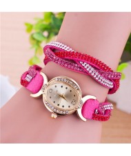 Gorgeous Beads Inlaid Two Layers Weaving Pattern Leather Oval-shaped Women Fashion Watch - Rose