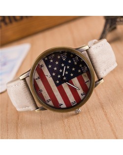 Vintage U.S. National Flag Dial with Jean Wrist Band Design Fashion Watch - White