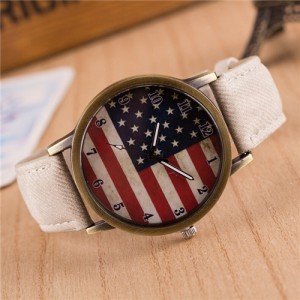 Vintage U.S. National Flag Dial with Jean Wrist Band Design Fashion Watch - White