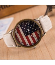 Vintage U.S. National Flag Dial with Jean Wrist Band Design Fashion Watch - White