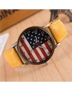 Vintage U.S. National Flag Dial with Jean Wrist Band Design Fashion Watch - Yellow